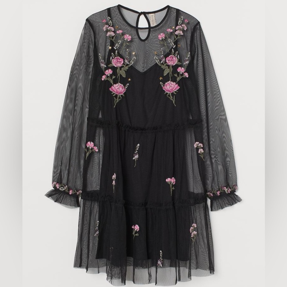 H&M Black Embroidered Floral Mesh Dress